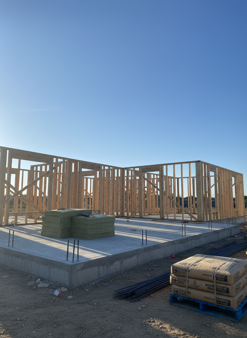 A meticulous construction site for a high-end residential addition in McAllen, Texas, focused on the structure itself rather than workers. Freshly framed walls in clean, straight lumber stand against a clear blue sky, with neatly stacked materials—bundles of insulation, organized rebar, and labeled cement bags—arranged along the slab foundation. The edges of newly poured concrete are crisp and precise, with metal brackets and anchor bolts aligned in perfect order. Early morning sunlight creates clear, directional shadows that emphasize geometry and craftsmanship. Shot in photographic realism from a low-angle perspective, the composition draws attention to the structural integrity and methodical planning. The mood is professional, disciplined, and forward-looking, underscoring premium construction and expansion services without showing any people.