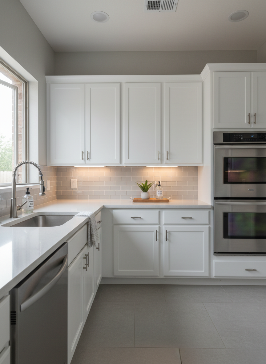 A spotless, freshly cleaned residential kitchen featuring glossy white shaker cabinets, a pale gray subway tile backsplash, and gleaming stainless steel appliances free of smudges or streaks. The quartz countertops are completely clear except for a single, neatly arranged tray with a small plant and two glass soap dispensers. Soft natural light pours in from a nearby window, complemented by under-cabinet LEDs that create subtle reflections on the counters. Photographic realism from an eye-level, straight-on composition captures the orderly lines of cabinetry and the immaculate sink area. The mood is crisp, hygienic, and quietly luxurious, communicating meticulous home cleaning services that align with a sophisticated, design-conscious lifestyle in the McAllen area.