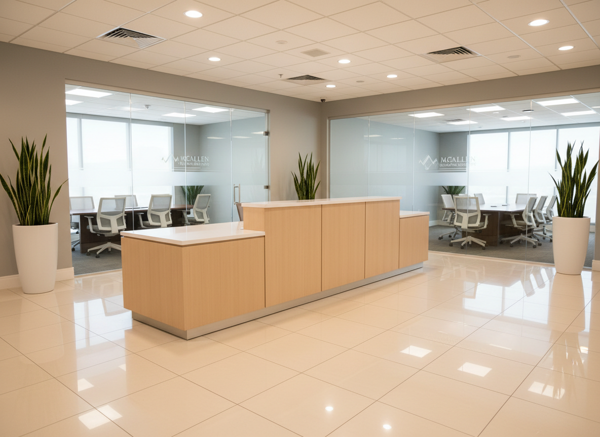 A pristine, professionally cleaned office lobby with polished porcelain tile floors reflecting soft overhead lighting, and a sleek reception desk clad in pale wood and white solid surface. Minimalist planters with structured greenery stand along the walls, while glass partitions reveal an immaculate conference room beyond. Diffused daytime light enters through large tinted windows, balancing with warm recessed ceiling lights to create a clean, welcoming glow. Photographic realism at eye level highlights the crisp edges, spotless surfaces, and orderly arrangement of furnishings. The mood is fresh, hygienic, and sophisticated, conveying premium commercial cleaning and maintenance services that prioritize detail and presentation for businesses in McAllen, Texas.