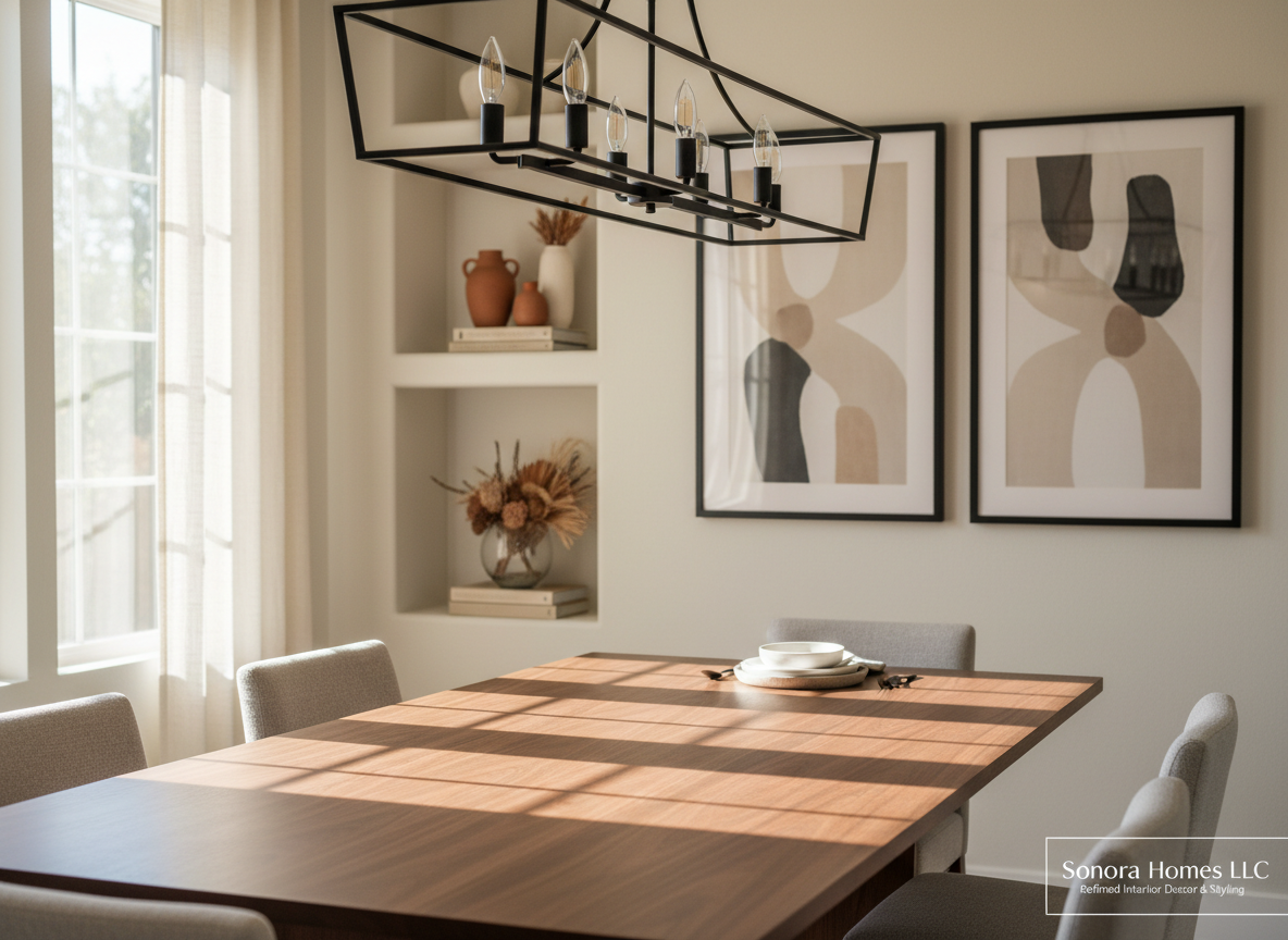 A beautifully staged dining room featuring a solid walnut table with a silky matte finish, perfectly centered under a sculptural black metal chandelier. The walls are painted a soft warm white, adorned with minimalist framed abstract art in neutral tones. A built-in niche displays carefully curated decor objects: ceramic vases, stacked design books, and a subtle desert-inspired arrangement of dried grasses. Late afternoon sunlight filters through sheer linen drapes, casting delicate patterns across the table and emphasizing the rich wood grain. Captured in photographic realism from a slightly elevated, three-quarter angle, the composition uses shallow depth of field to gently soften the background. The atmosphere is serene, curated, and upscale, highlighting Sonora Homes LLC’s refined interior decor and styling services.