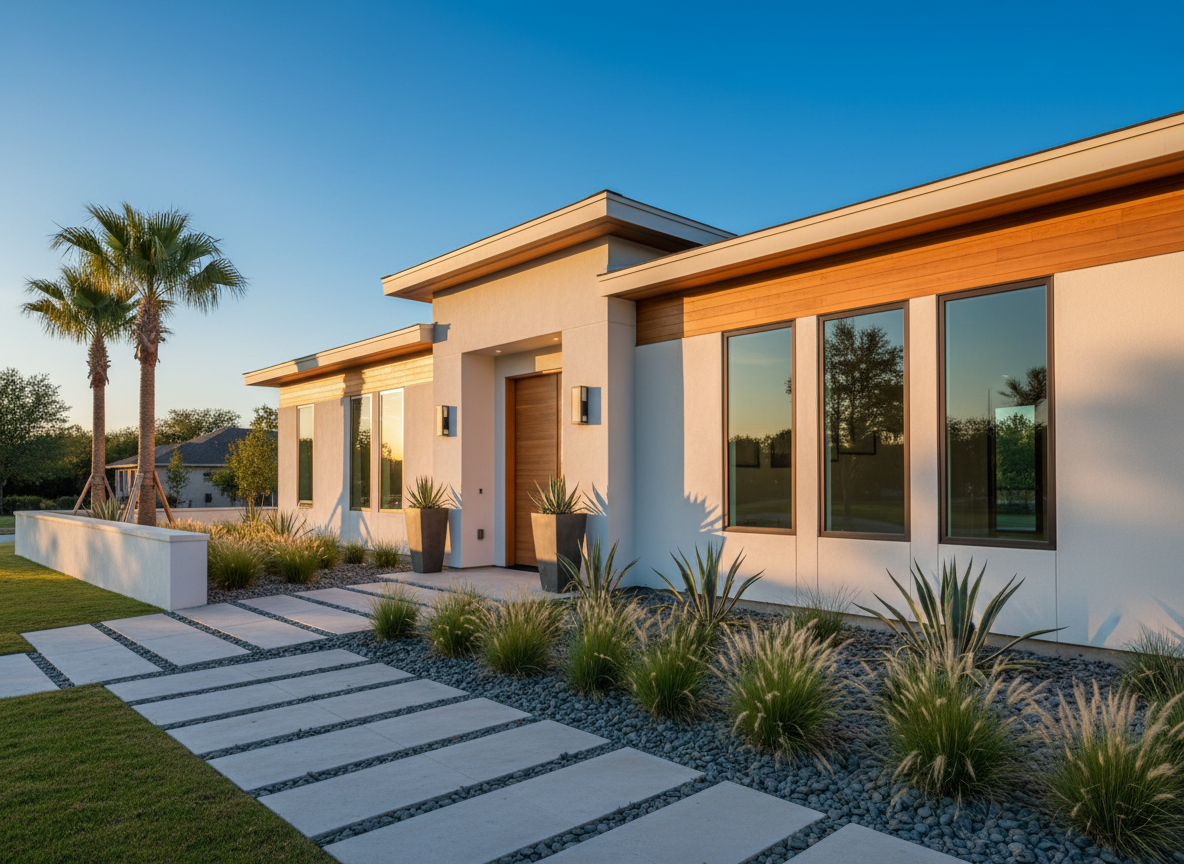 An elegant, newly finished modern home exterior in McAllen, Texas, featuring smooth white stucco walls, warm cedar accents, and dark bronze window frames. The clean-lined façade is framed by manicured desert-inspired landscaping with agave, ornamental grasses, and river rock beds. Late afternoon golden sunlight washes across the surfaces, creating soft, elongated shadows and highlighting the refined textures of the materials. Captured at eye level in photographic realism, the composition uses the rule of thirds to showcase the home, the landscaped walkway, and a deep blue South Texas sky. The mood is sophisticated and aspirational, conveying meticulous construction quality and high-end craftsmanship for a premium home services brand.