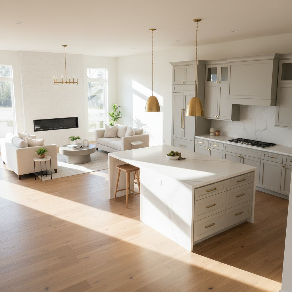 A luxurious open-concept living room and kitchen freshly remodeled, with wide-plank light oak flooring, smooth white walls, and custom built-in cabinetry in a soft greige tone. A large quartz waterfall island anchors the kitchen, while the living area features a minimalist electric fireplace set in a floor-to-ceiling textured plaster wall. Natural daylight filters through expansive, high-efficiency windows, gently illuminating brushed brass hardware and subtle decor accents. Shot in photographic realism from a slightly elevated corner angle, the composition captures the seamless flow between spaces with sharp focus throughout. The atmosphere is calm, orderly, and refined, emphasizing high-end remodeling and interior upgrades suited for upscale homes and businesses in the McAllen area.